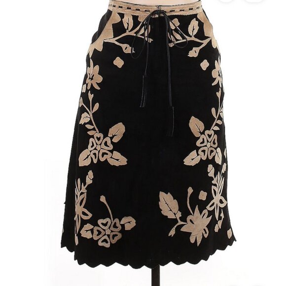 🌼 Vintage Leather Appliqué Tie-Waist Suede Skirt Size L Bohemian - Picture 1 of 14